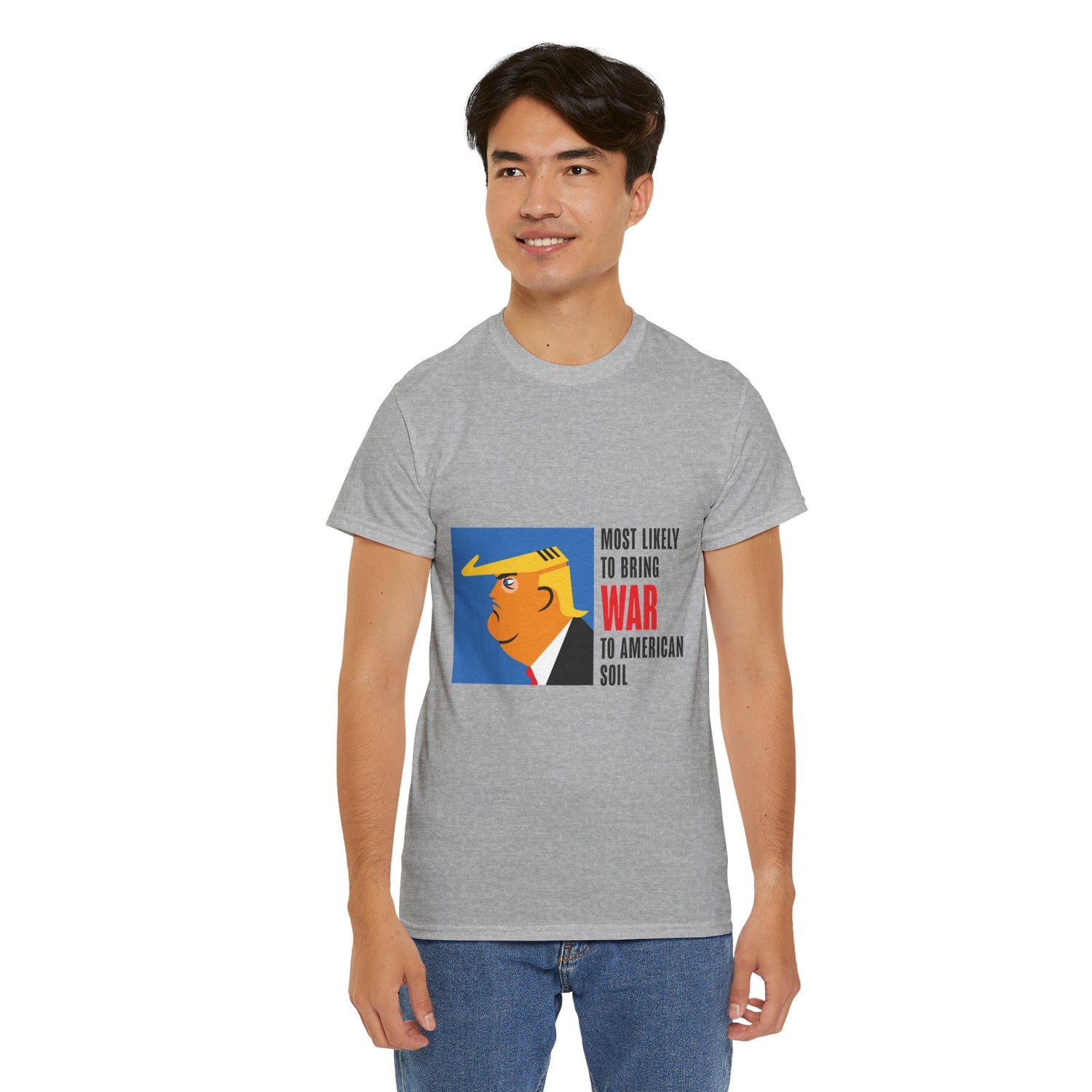 Unisex Heavy Cotton Tee, Harris Walz, Trump, T-shirt, Most Likely to Bring War to American Soil