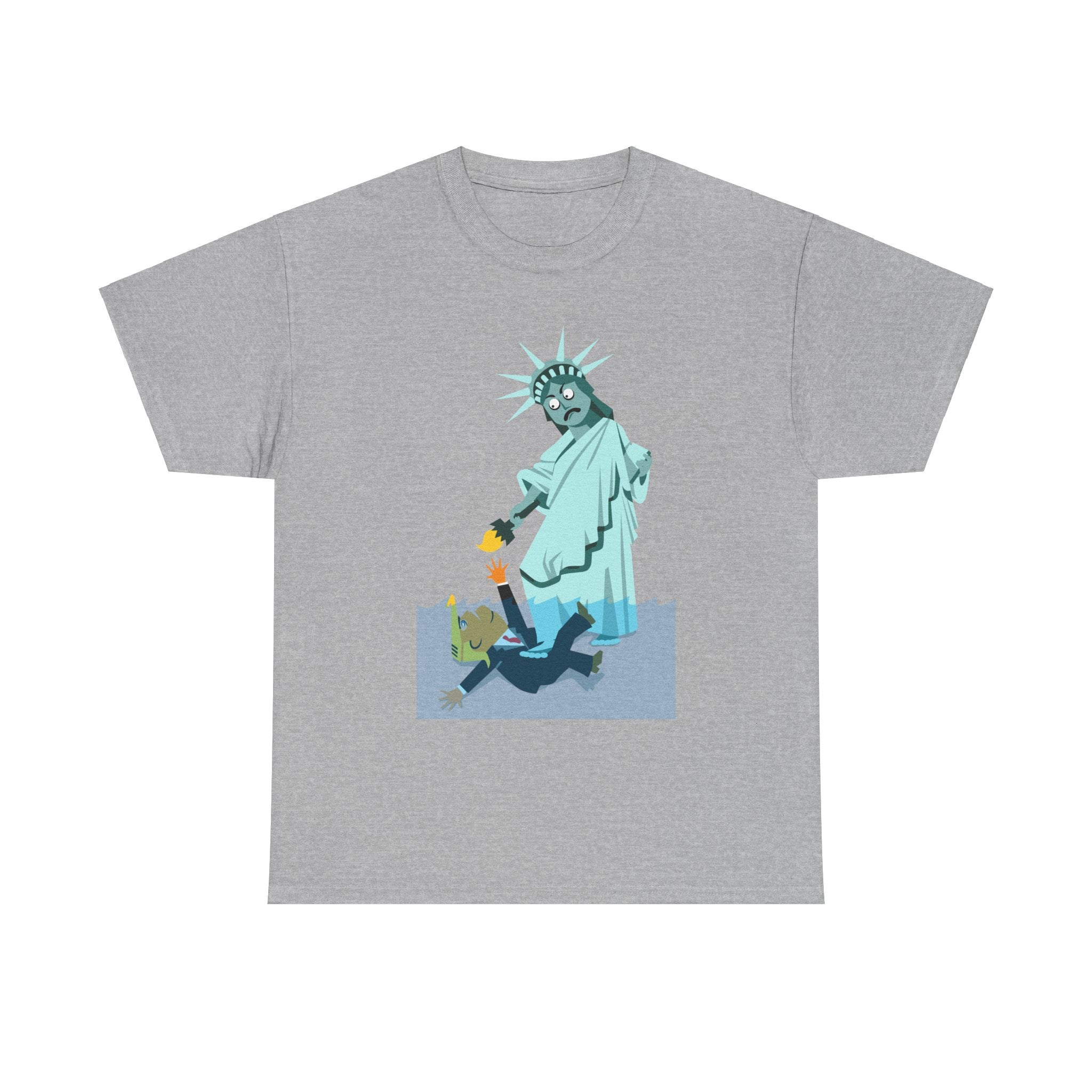 Unisex Heavy Cotton Tee, Harris Walz, Trump, T-shirt, Statue of Liberty Stepping on Trump