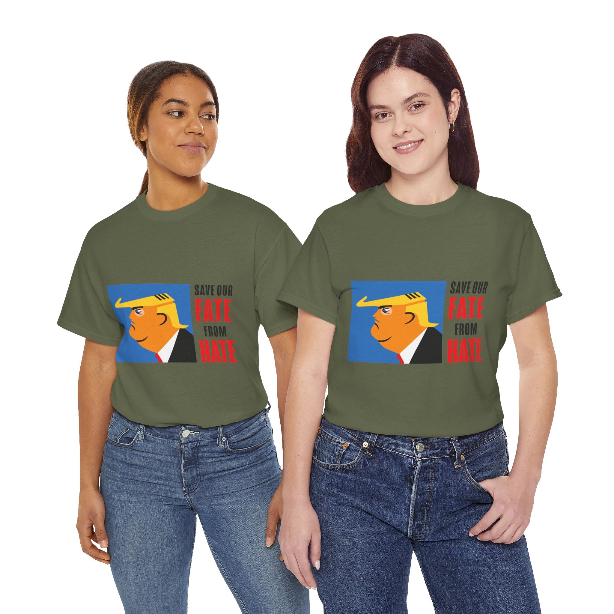 Unisex Heavy Cotton Tee, Harris Walz, Trump, T-shirt, Color Save Our Fate from Hate