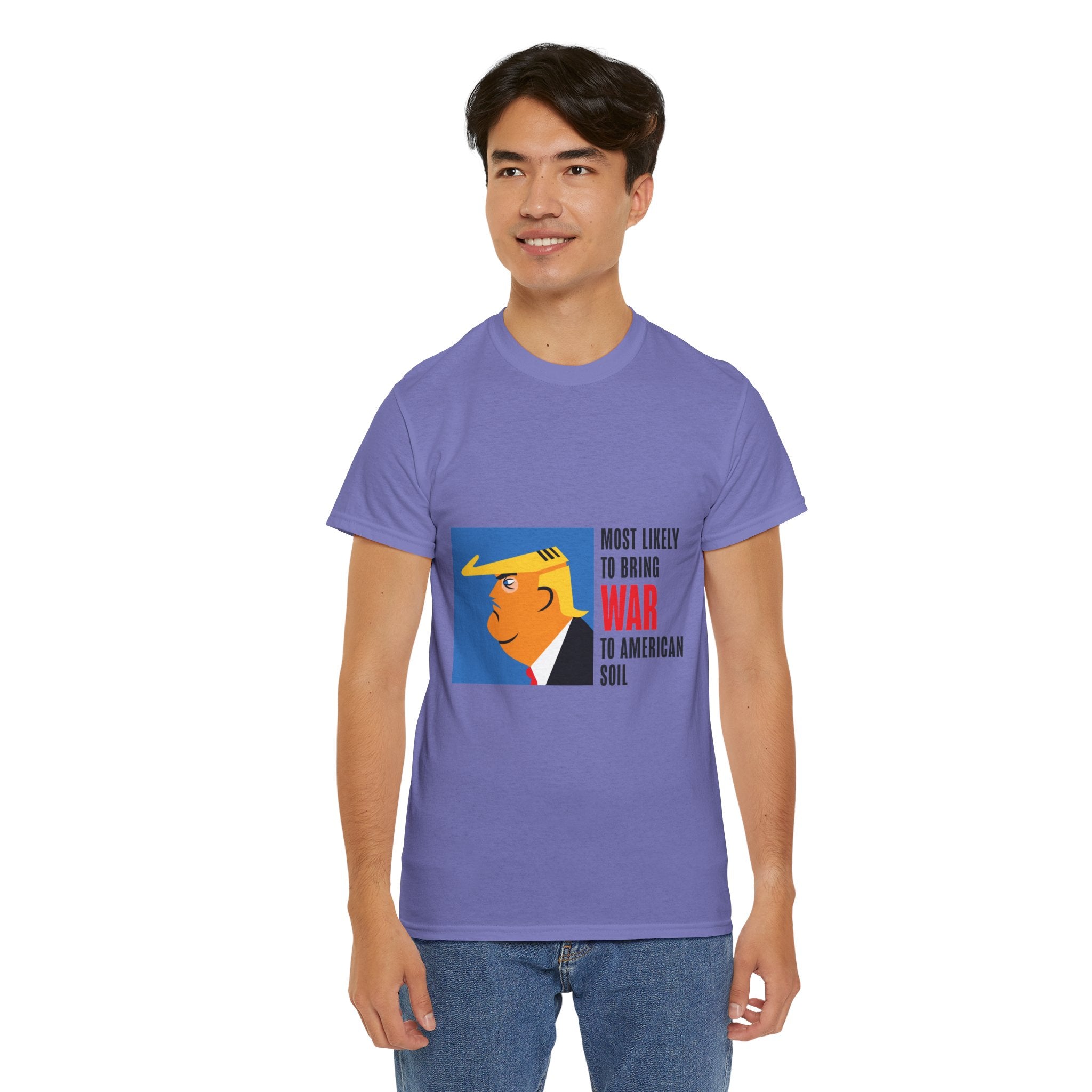 Unisex Heavy Cotton Tee, Harris Walz, Trump, T-shirt, Most Likely to Bring War to American Soil