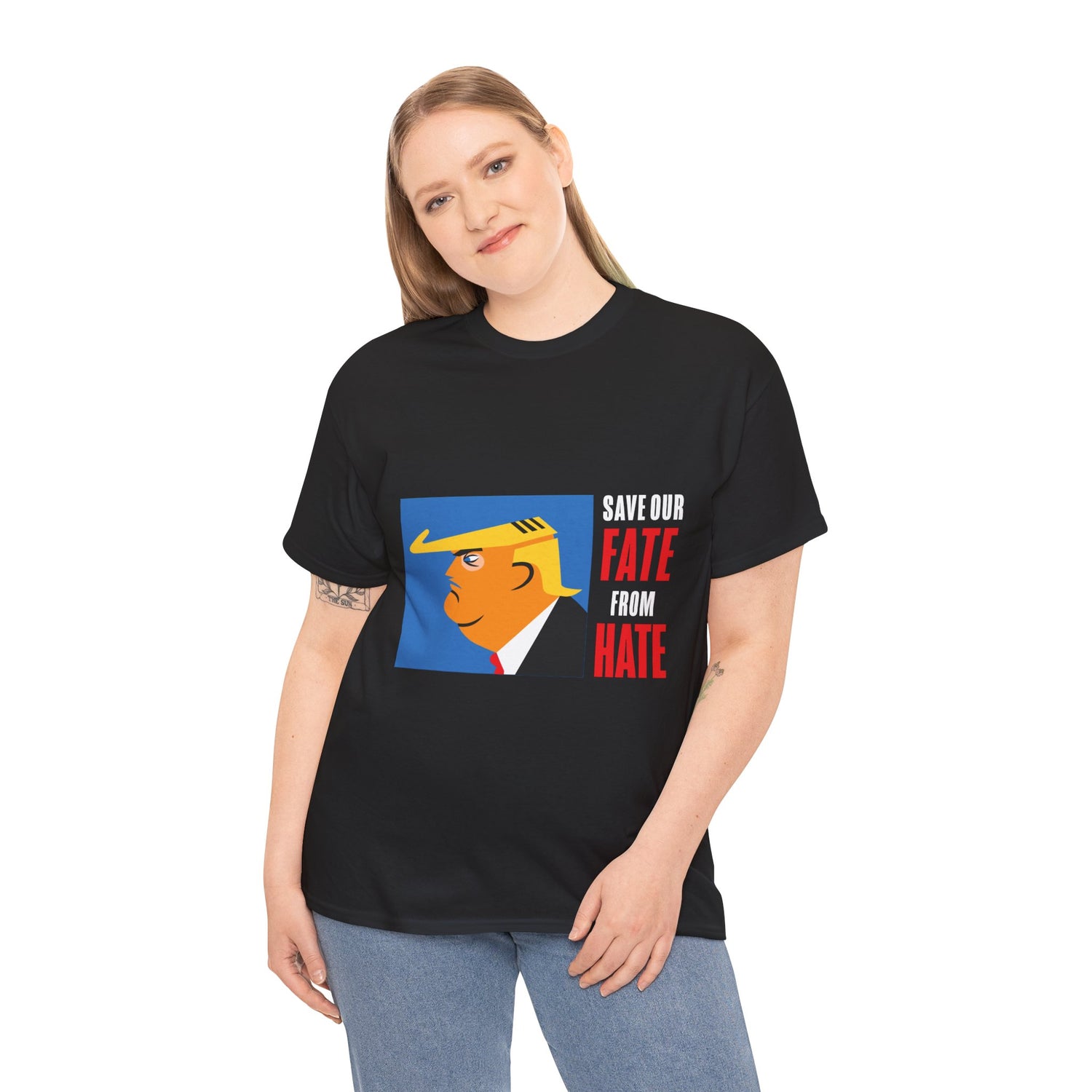 Unisex Heavy Cotton Tee, Harris Walz, Trump, T-shirt, Trump Save Our Fate from Hate