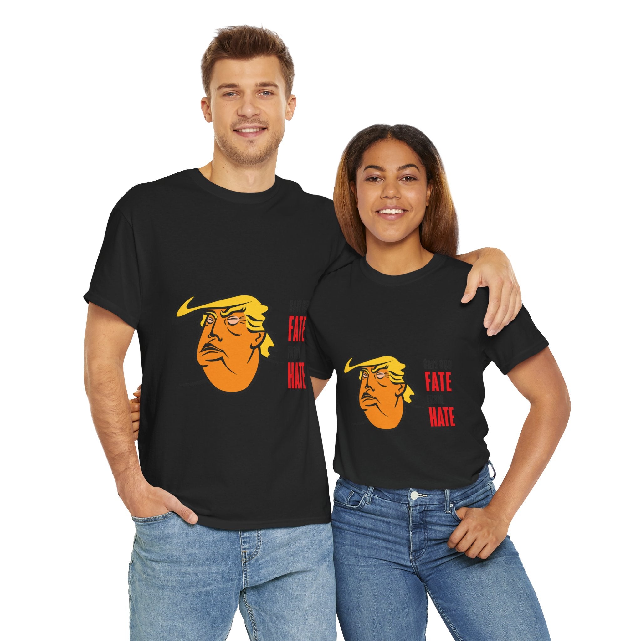 Unisex Heavy Cotton Tee, Harris Walz, Trump, T-shirt, white and black line Save Our Fate from Hate