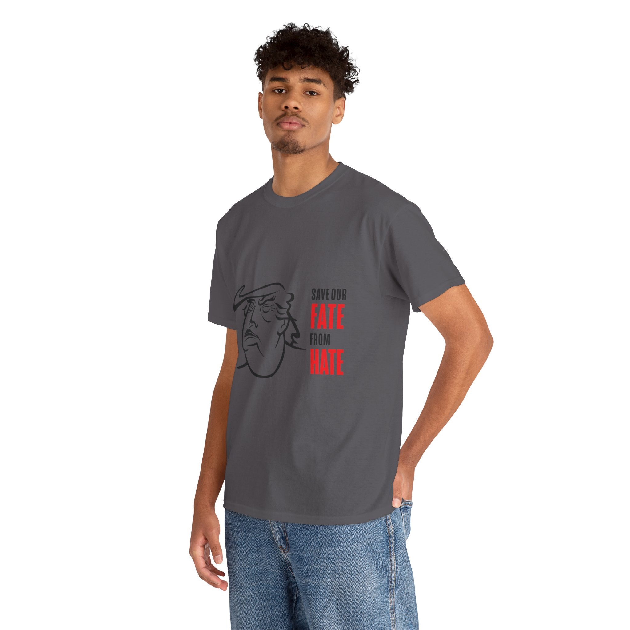 Unisex Heavy Cotton Tee, Harris Walz, Trump, T-shirt, Trump Black and Red Line Art—Save Our Fate From Hate