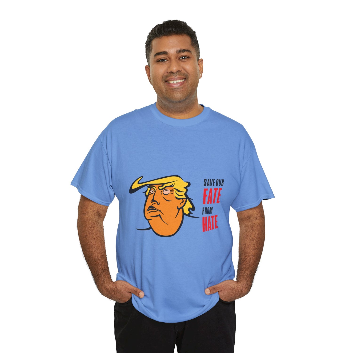 Unisex Heavy Cotton Tee, Harris Walz, Trump, Color Line Art Trump—Save Our Fate From Hate