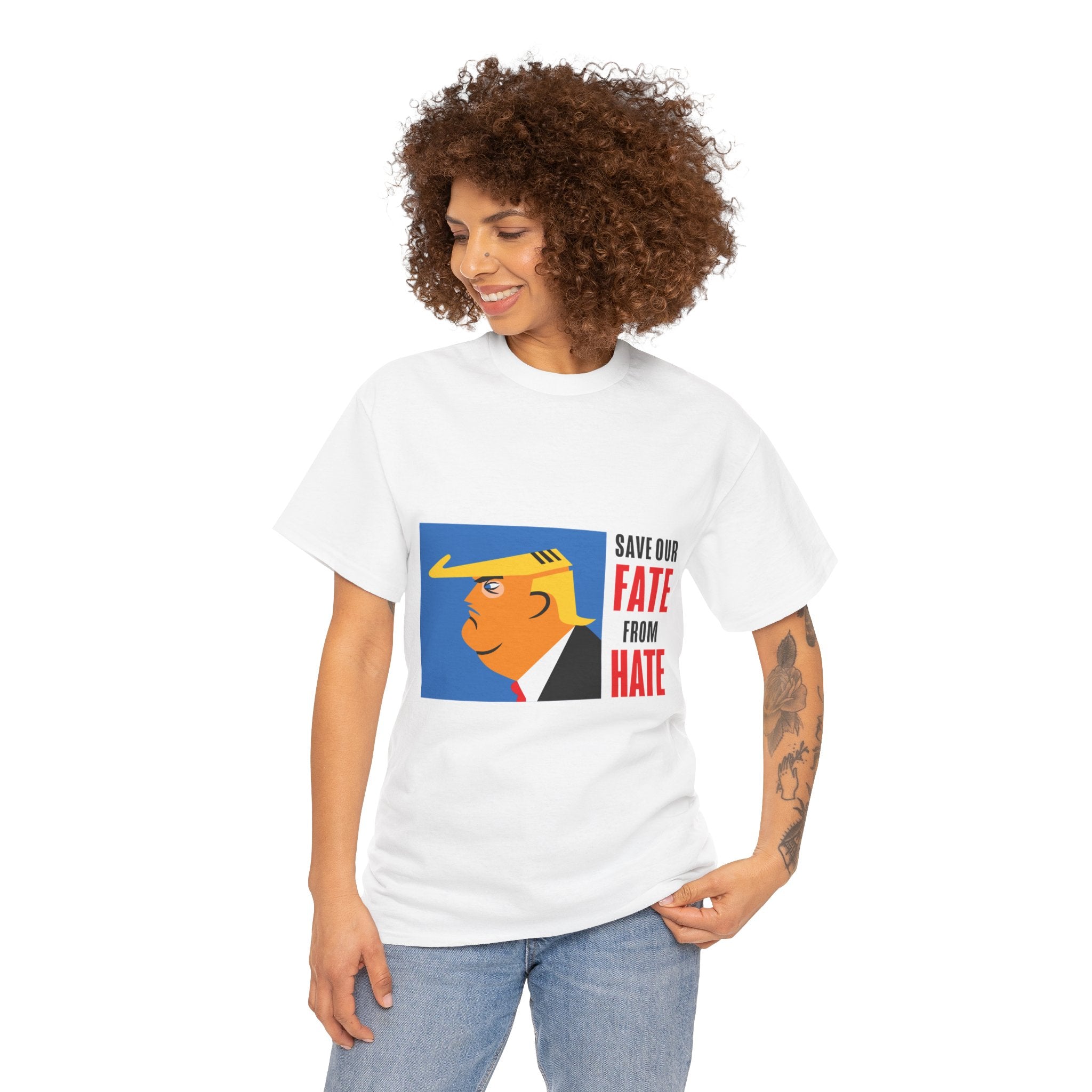 Unisex Heavy Cotton Tee, Harris Walz, Trump, T-shirt, Color Save Our Fate from Hate