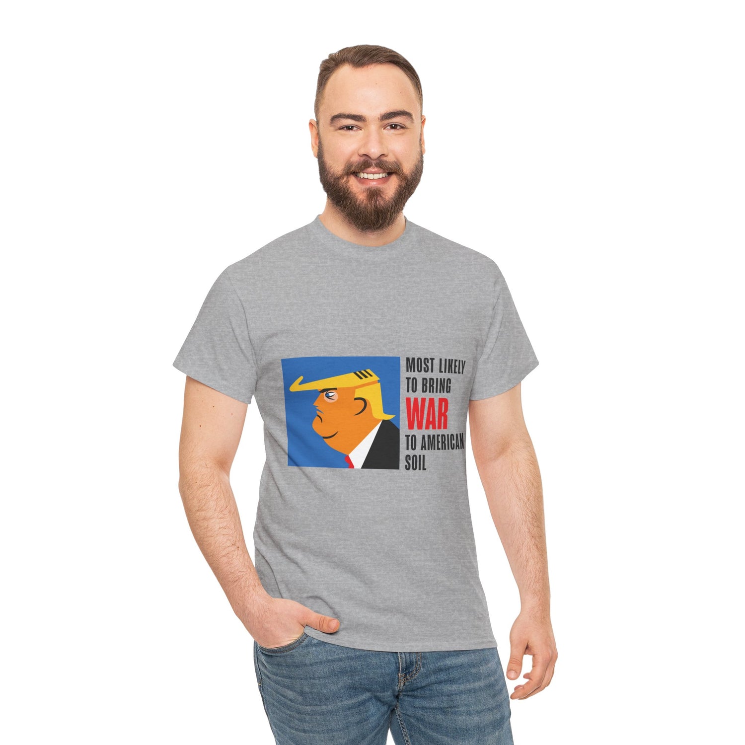 Unisex Heavy Cotton Tee, Harris Walz, Trump, T-shirt, Most Likely to Bring War to American Soil