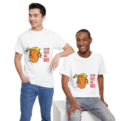 Unisex Heavy Cotton Tee, Harris Walz, Trump, T-shirt, white and black line Save Our Fate from Hate